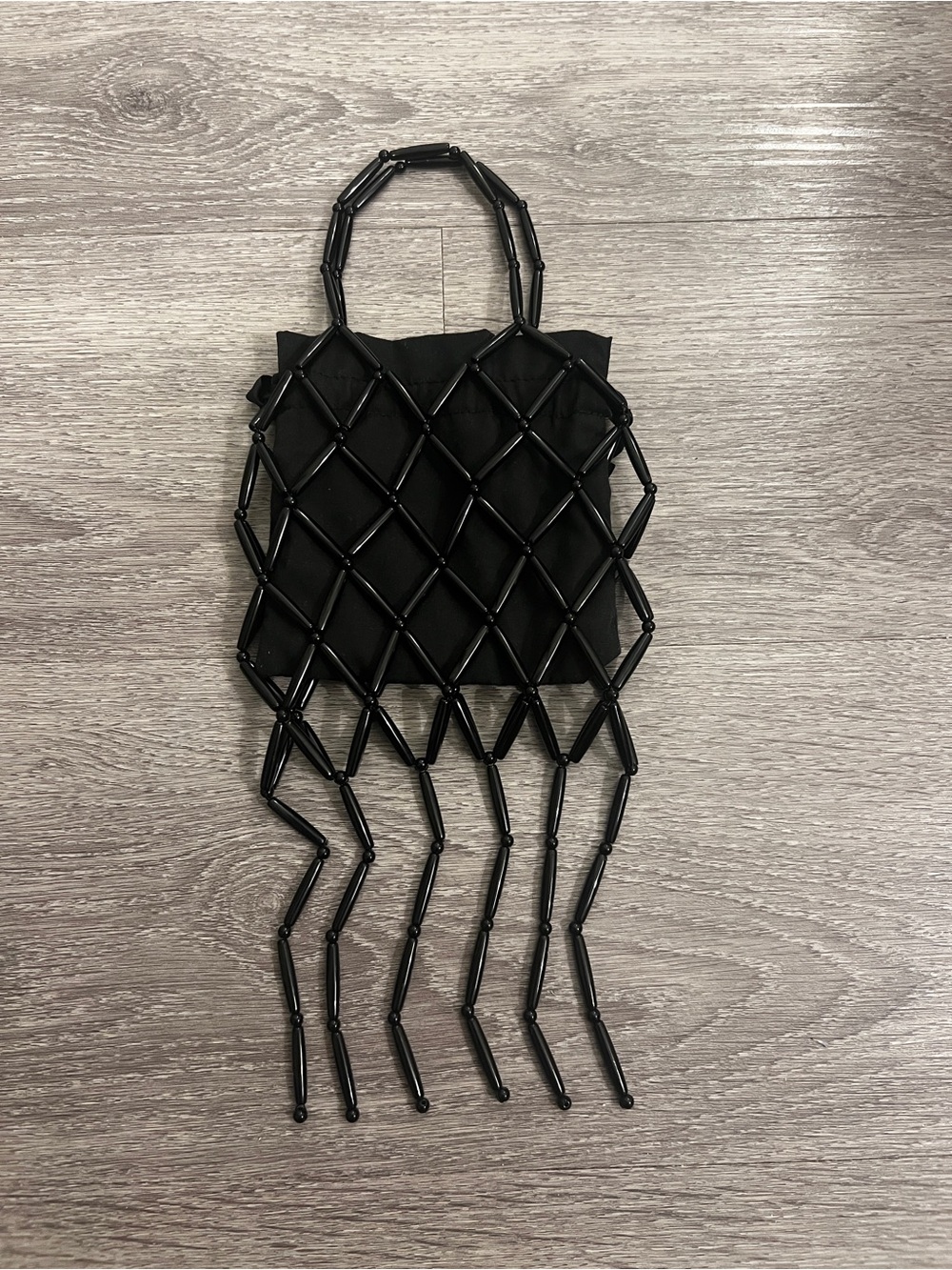 H&M Black Beaded Net Mini Bag with Fringe Handle